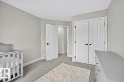 Light gray wall tones with white trim, gray carpeting, and white paneled doors with black hardware - 