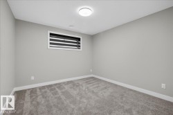 Neutral-toned walls with a single window, carpeted flooring, and a flush-mount ceiling light - 