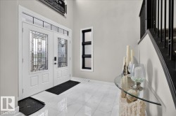 Double entry doors with decorative glass panels and transom window - 