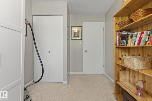 Light-colored carpeting, two white interior doors, and a wood-finish shelving unit - 17132 103 Street Nw, Edmonton, AB 