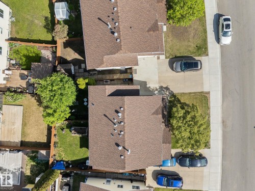 Attached rooflines with brown shingles, concrete driveways, and front yards with mature trees - 17132 103 Street Nw, Edmonton, AB 