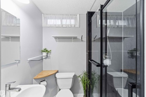 Bathroom featuring a glass-enclosed shower with black trim, a corner toilet, and a vanity with a rectangular sink and brushed nickel faucet - 5208 105 Street Nw, Edmonton, AB - Indoor Photo Showing Bathroom