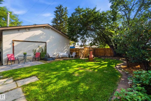 Private backyard featuring a stucco structure, a manicured lawn, and a wood privacy fence - 5208 105 Street Nw, Edmonton, AB - Outdoor