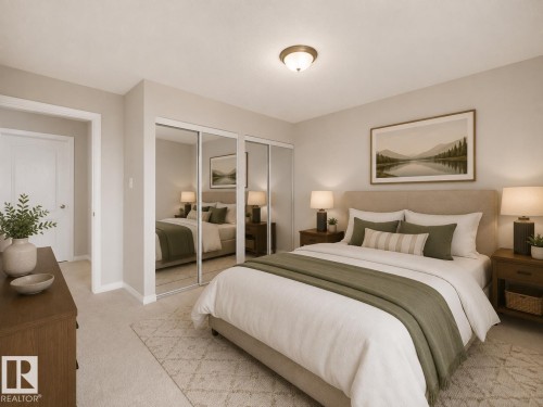 Recessed lighting, mirrored closet doors, carpeted flooring, and a neutral wall palette - #1418 330 Clareview Station Dr Nw, Edmonton, AB - Indoor Photo Showing Bedroom