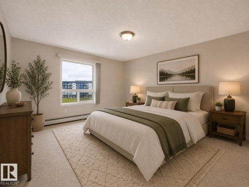 Recessed lighting with a neutral color palette, large window, and carpeted flooring - #1418 330 Clareview Station Dr Nw, Edmonton, AB - Indoor Photo Showing Bedroom