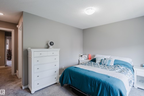 Carpeted bedroom with neutral wall paint and a flush-mount ceiling light - #28 2215 24 St Nw, Edmonton, AB - Indoor Photo Showing Bedroom