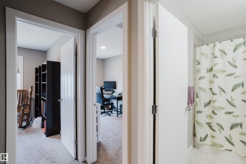 Hallway featuring light gray walls, white trim, and carpet flooring - #28 2215 24 St Nw, Edmonton, AB - Indoor