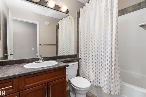 Built-in vanity with wood-finish cabinetry, a single basin sink, and a dark countertop - 20845 92A Avenue Nw, Edmonton, AB - Indoor Photo Showing Bathroom