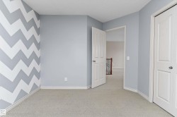 Light-toned carpet flooring, a decorative accent wall, paneled interior doors, and white trim work - 