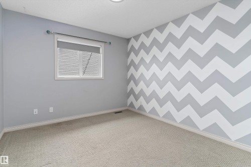 Carpeted room featuring a white-framed window, a light gray wall, and a chevron patterned accent wall - 20845 92A Avenue Nw, Edmonton, AB - Indoor Photo Showing Other Room
