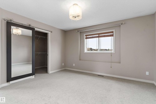 Recessed closet with sliding mirrored barn door, wire shelving, light-toned carpeting, and a window with blinds - 20845 92A Avenue Nw, Edmonton, AB - Indoor Photo Showing Other Room