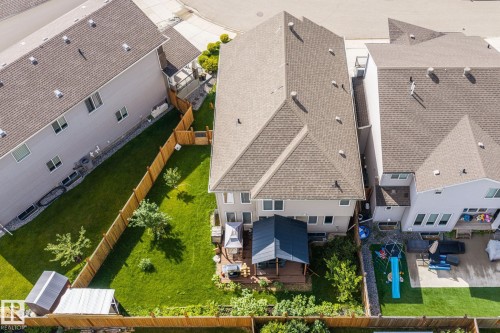 Expansive backyard featuring a manicured lawn, established trees, privacy fencing, and a built-in outdoor structure - 923 174St Sw, Edmonton, AB 