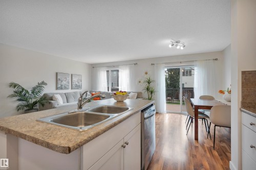 Kitchen island with a double basin sink, stainless steel faucet, and laminate countertop - 17321 8A Avenue Sw, Edmonton, AB - Indoor Photo Showing Kitchen With Double Sink