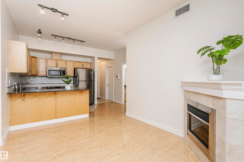 Open-concept living area with wood-finish flooring, a kitchen featuring wood cabinetry and stainless steel appliances, and a fireplace with a stone surround - #219 10333 112 St Nw, Edmonton, AB - Indoor Photo Showing Kitchen With Fireplace