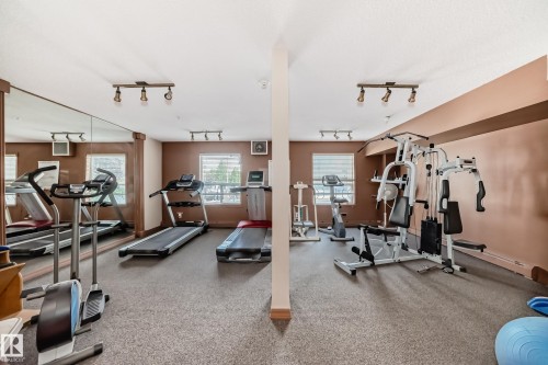 Fitness area featuring resilient flooring, track lighting, multiple windows, and a full-wall mirror - #331 9704 174 St Nw, Edmonton, AB 