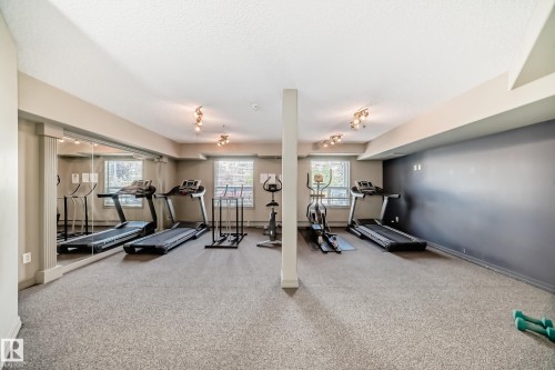 Carpeted fitness area with full-length mirrors, track lighting, and multiple windows - #331 9704 174 St Nw, Edmonton, AB 