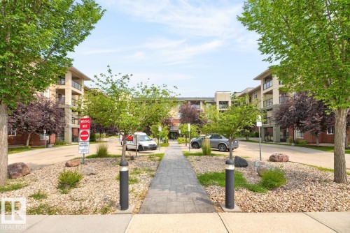 Paver stone walkway leading to a multi-story building with balconies, surrounded by mature trees and landscaping with decorative rocks - #210 7909 71 St Nw, Edmonton, AB - Outdoor