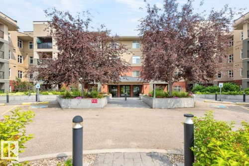 Multi-story building featuring balconies, mature trees, and landscaped planter boxes - #210 7909 71 St Nw, Edmonton, AB - Outdoor With Balcony