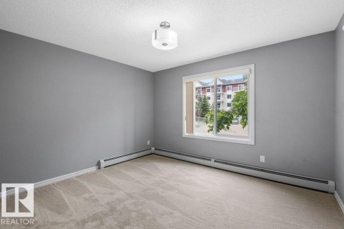 Neutral gray wall paint, off-white carpeting, white window trim, and a contemporary ceiling light fixture - #117 2203 44 Av Nw, Edmonton, AB - Indoor Photo Showing Other Room