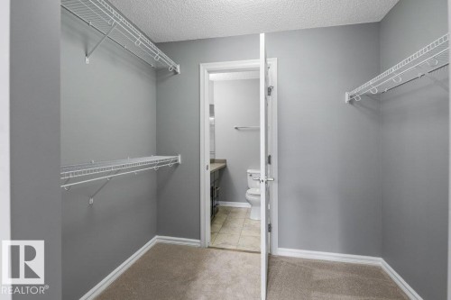 Carpeted closet with wire shelving and hanging rods - #117 2203 44 Av Nw, Edmonton, AB - Indoor With Storage