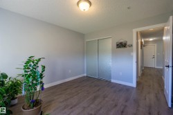 Wood-finish flooring, sliding closet doors with textured glass panels, recessed lighting, and a neutral wall color - 