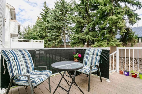 Wood-finish deck with white railings and a privacy screen - #42 9630 176 St Nw, Edmonton, AB - Outdoor With Deck Patio Veranda With Exterior