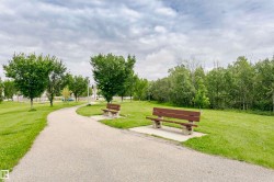 Paved walking path winding through a park setting with two brown benches - 