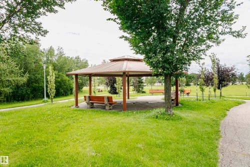 Gazebo with a multi-tiered roof, supported by sturdy posts, featuring a concrete base - #42 9630 176 St Nw, Edmonton, AB - Outdoor With Backyard
