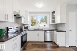 White shaker cabinetry, stainless steel appliances, dark countertops, wood-finish flooring, and a tiled backsplash - 