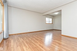 Wood-finish flooring, light neutral wall paint, crown molding, and natural light from multiple windows - 