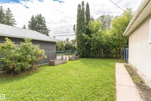 Expansive green lawn with established trees, concrete walkway, and raised wooden garden beds - 11139 62 Avenue Nw, Edmonton, AB - Outdoor