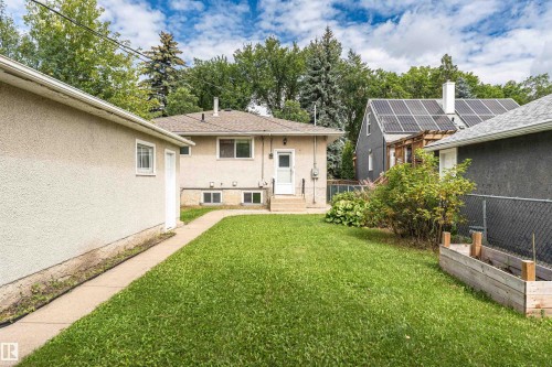 Expansive rear yard with a concrete pathway leading to the stucco exterior - 11139 62 Avenue Nw, Edmonton, AB - Outdoor