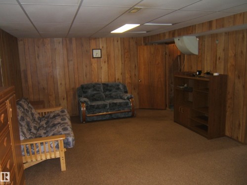 Finished basement featuring wood-paneled walls, carpeted flooring, and flexible living space with built-in cabinetry and storage - 4809 47A Street, Two Hills, AB - Indoor Photo Showing Other Room