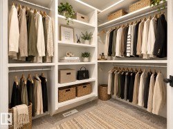 Custom built-in white shelving, integrated hanging rods, and soft carpet flooring - 