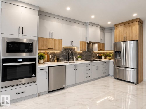 Contemporary kitchen featuring stainless steel appliances, two-tone cabinetry, marble-look flooring, and a dark stone backsplash - 1312 35 Street Nw, Edmonton, AB 