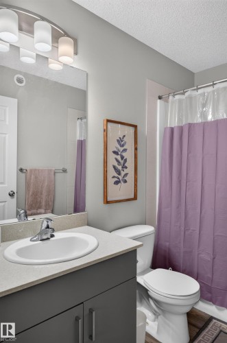 Modern bathroom featuring a curved vanity with an integrated round sink and ample countertop space, gray cabinetry with polished hardware, a toilet with white porcelain finish, and a shower-tub combination with a purple fabric curtain - 17 Spruce Ridge Cove, Spruce Grove, AB - Indoor Photo Showing Bathroom