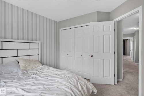Striped accent wall, closet with bi-fold doors, white paneled door, light gray wall paint, and light-toned carpeting - 17 Spruce Ridge Cove, Spruce Grove, AB - Indoor Photo Showing Bedroom