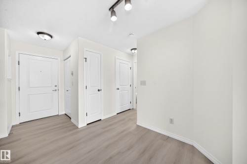 Entryway featuring light wood-finish flooring, white paneled doors, and contemporary ceiling light fixtures - #214 245 Edwards Dr Sw, Edmonton, AB - Indoor Photo Showing Other Room