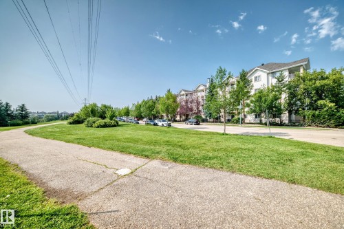 Paved walking path alongside a grassy area with mature trees - #214 245 Edwards Dr Sw, Edmonton, AB - Outdoor