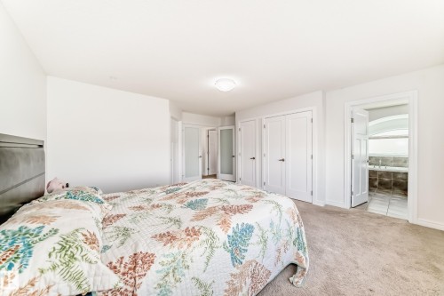 Carpeted bedroom with white walls, a flush-mount ceiling light, and multiple white panel doors with black hardware - 2812 12 Street Nw, Edmonton, AB - Indoor Photo Showing Bedroom