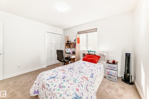 Carpeted room with a double bi-fold closet, a window with blinds, and light-toned walls - 2812 12 Street Nw, Edmonton, AB - Indoor Photo Showing Bedroom