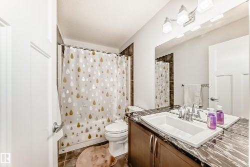 Bathroom featuring a vanity with dark cabinetry, a white rectangular sink, and a dark stone-finish countertop - 2812 12 Street Nw, Edmonton, AB - Indoor Photo Showing Bathroom