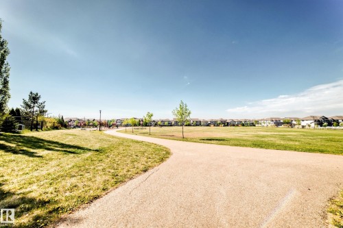 Community green space featuring a paved walking path, mature trees, and open fields with residential properties in the background - 2812 12 Street Nw, Edmonton, AB - Outdoor With View