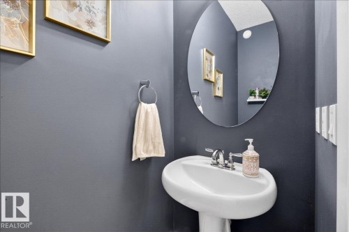 Pedestal sink with polished chrome faucet, oval mirror, and wall-mounted towel ring - 3936 Claxton Loop Sw, Edmonton, AB - Indoor Photo Showing Bathroom