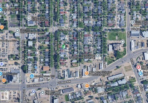 Geographic Information System (GIS) Map. Displaying an aerial view of a residential and commercial area with street names and identified establishments - 11147 97 Street Nw, Edmonton, AB -  With View