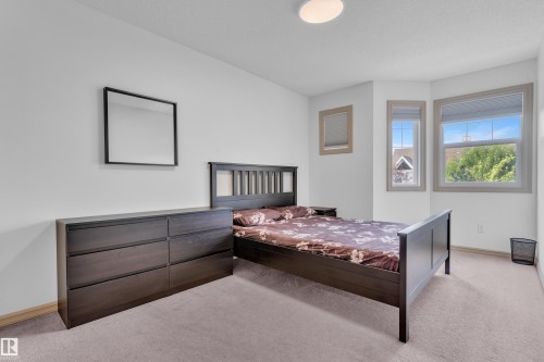 Light-filled room featuring a bay window with three panels, neutral carpet, and a flush-mount ceiling light - 7223 19A Avenue Sw, Edmonton, AB - Indoor Photo Showing Bedroom