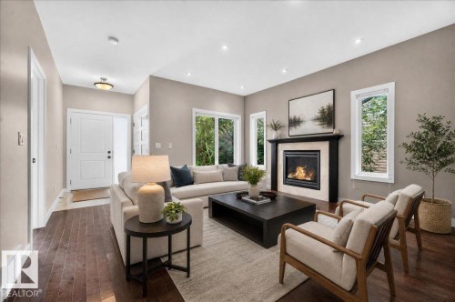 virtually staged - 12126 47 Street Nw, Edmonton, AB - Indoor Photo Showing Living Room With Fireplace