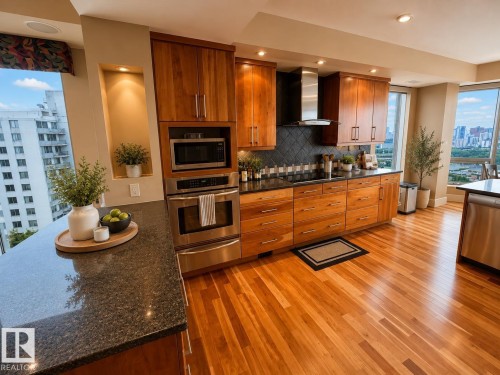 Built-in stainless steel appliances, wood cabinetry, dark stone countertops, wood-finish flooring, and a tiled backsplash - #1201 10035 Saskatchewan Dr Nw, Edmonton, AB - Indoor Photo Showing Kitchen