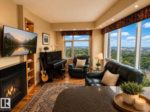 Floor-to-ceiling windows, built-in shelving, a gas fireplace with a dark stone surround, wood-finish flooring, and recessed lighting - #1201 10035 Saskatchewan Dr Nw, Edmonton, AB - Indoor Photo Showing Living Room With Fireplace