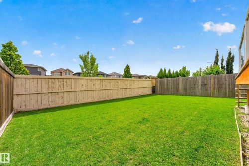 Expansive backyard featuring a manicured lawn, full perimeter fencing, and mature trees - 1323 158 Street Sw, Edmonton, AB - Outdoor With Backyard